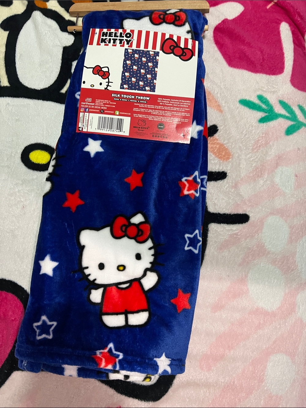 Hello Kitty Blue Red White Star Fleece Throw